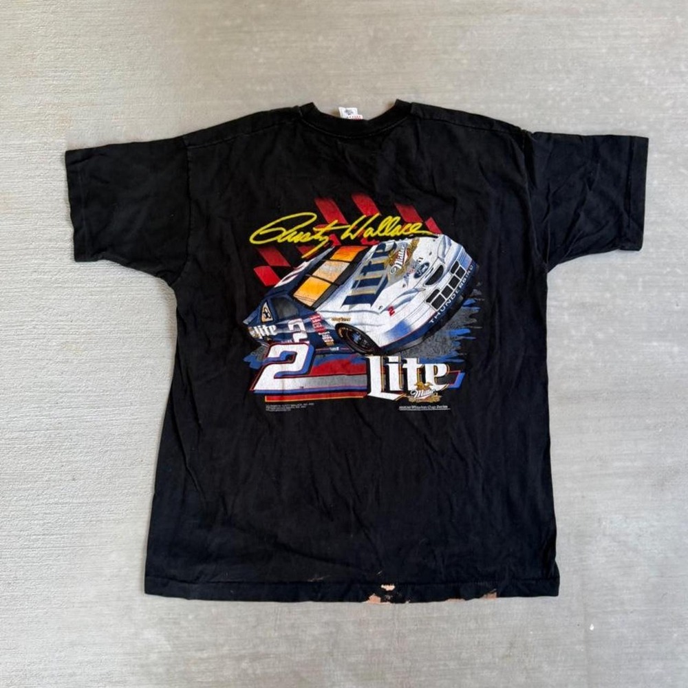 Fruit of the Loom T-Shirt Rusty Wallace NASCAR XL Black Vintage 90s Miller Lite